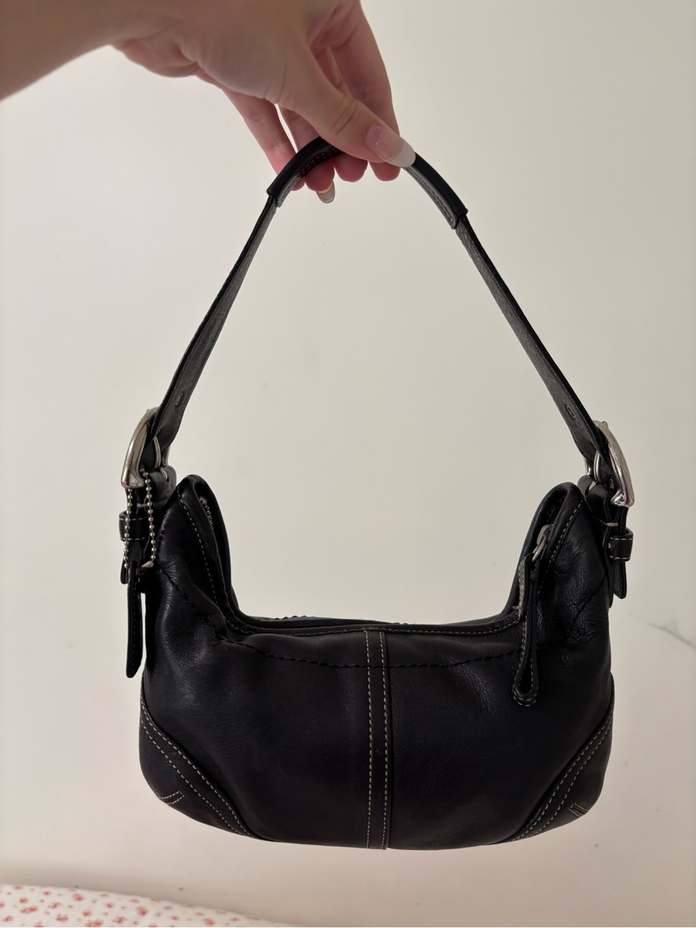 Coach Black Leather Hobo Shoulder Bag with Contrast Stitching